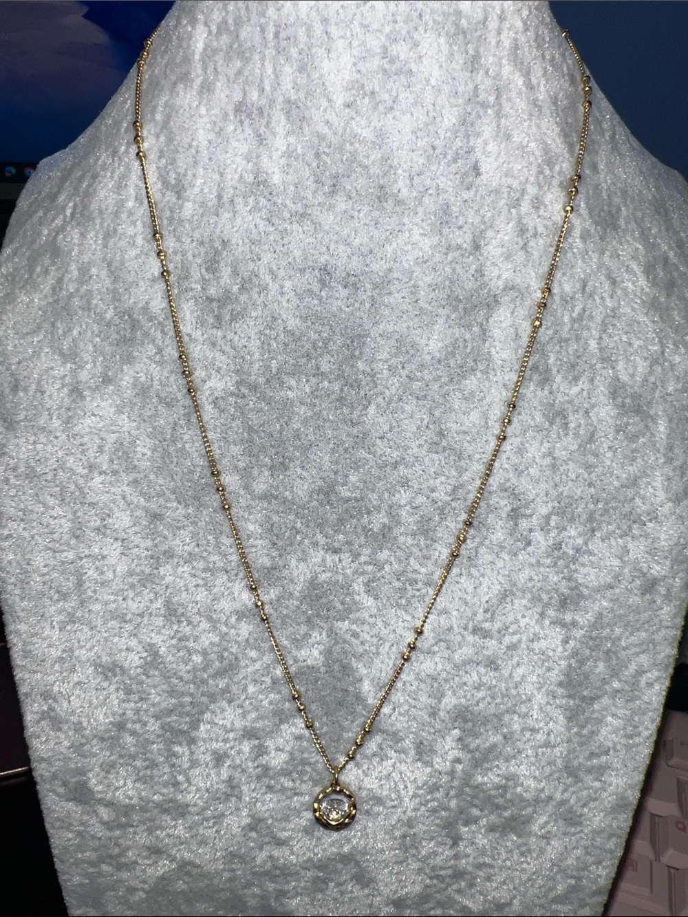Gold Bead Chain Necklace with Clear Crystal Pendant